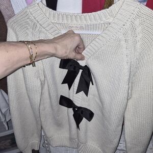 Rylee + Cru Cream Knit Sweater with Black Ribbon Bows